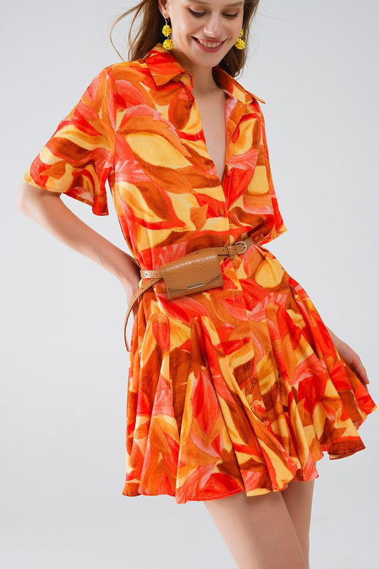 Short Dress with Abstract Print in Brown Red and Brown - Dresses