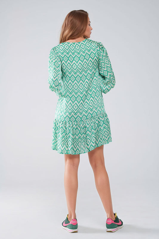 Short Dress With Tie At The Front Details in Ethnic Green Print - Dresses