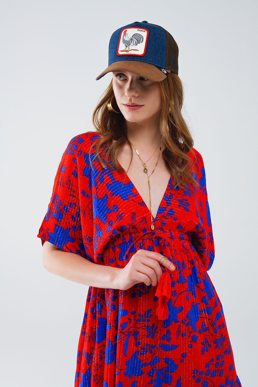 Short Flowy Dress In Red With Blue Floral Print - Dresses