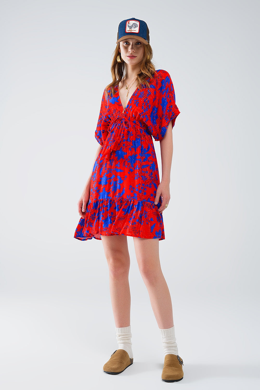 Short Flowy Dress In Red With Blue Floral Print - Dresses