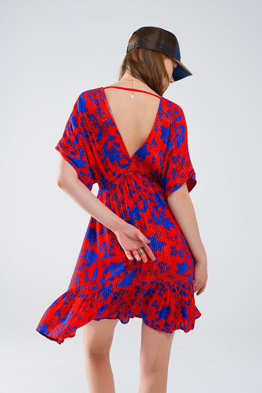 Short Flowy Dress In Red With Blue Floral Print - Dresses