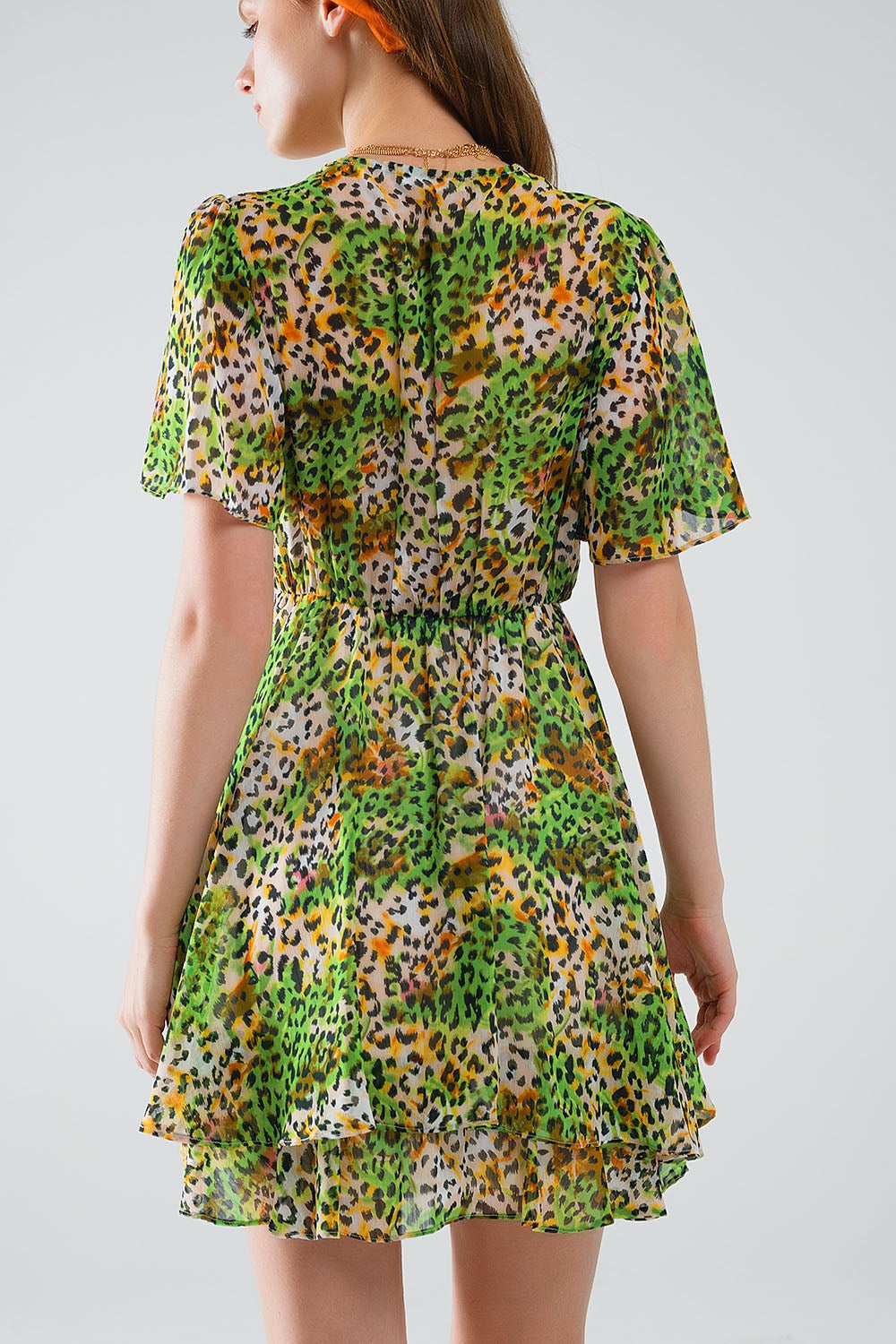 Short Green Multicolored Dress With Crossed Top with Animal Print - Dresses