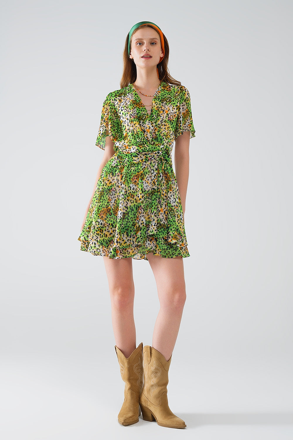 Short Green Multicolored Dress With Crossed Top with Animal Print - Dresses