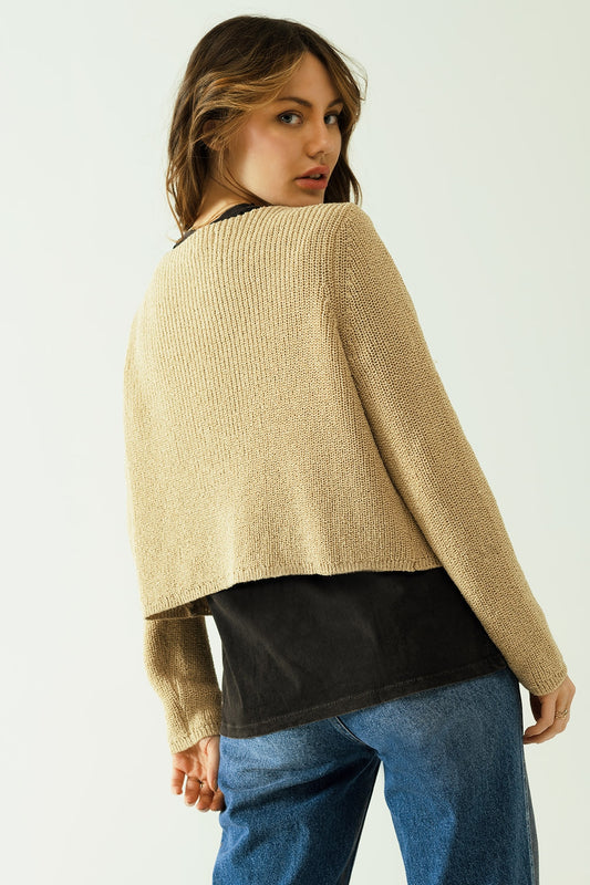 Short open cardigan in beige knit with long sleeves - Cardigans