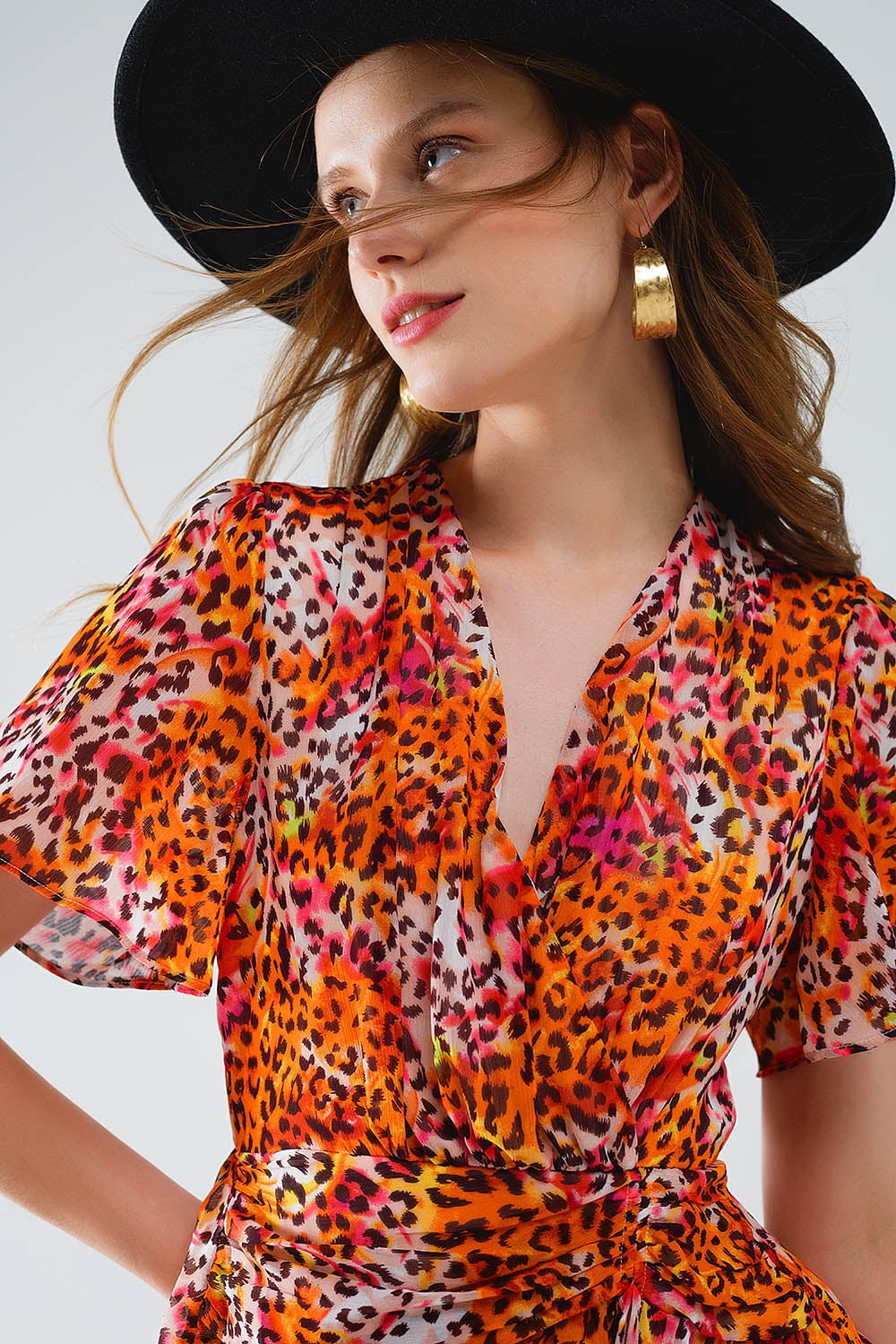 Short Orange Multicolored Dress With Crossed Top with Animal Print - Dresses