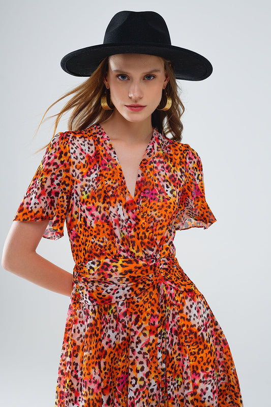 Short Orange Multicolored Dress With Crossed Top with Animal Print - Dresses
