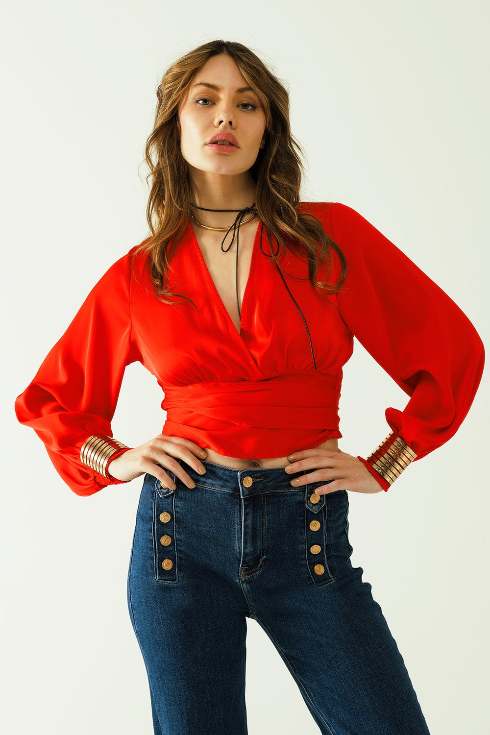 Short red crop top with long and wide sleeves - Tops