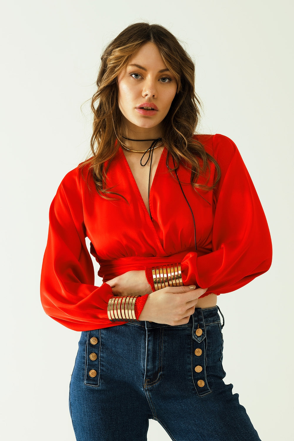 Short red crop top with long and wide sleeves - Tops