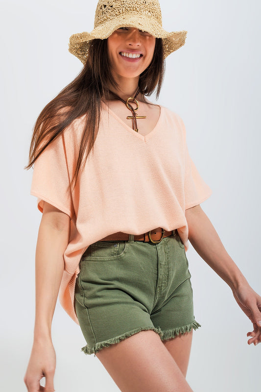 Short sleeve jumper in v neck in pink - Jumpers