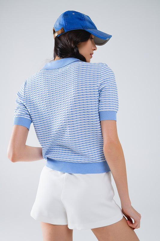 Short Sleeve Polo In Blue With White Stripes - Polos