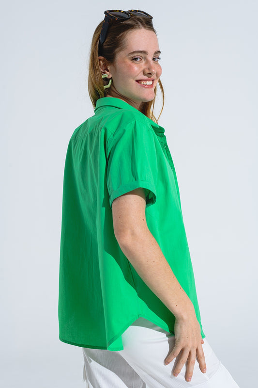 Short Sleeve Relaxed Button Up Shirt in Green - Shirts