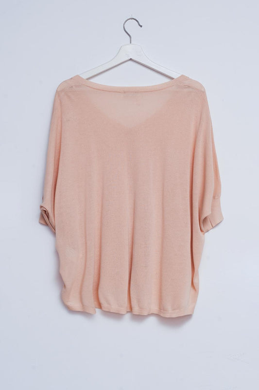 Short sleeve sweater in v neck in beige - T-shirts