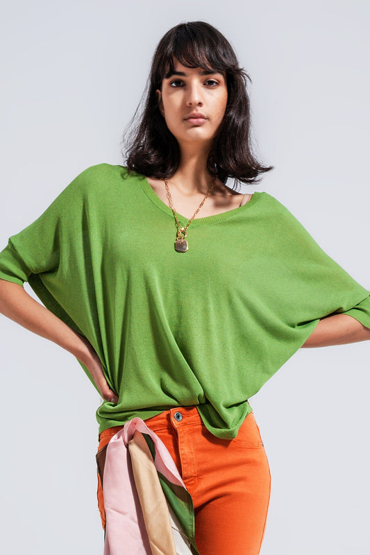 Short sleeve sweater in v neck in green - T-shirts