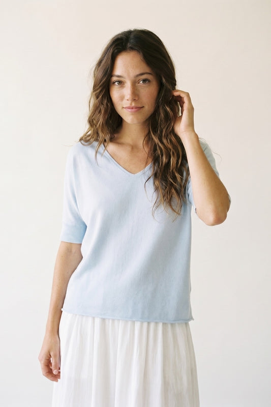 Light Blue Relaxed V-Neck Short Sleeve sweater - Sweaters