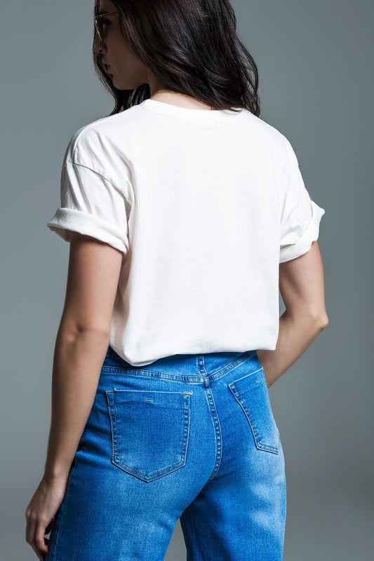 Short Sleeve T-shirt With Graphic Peace Sign Design At The Front In Cream - T-Shirts