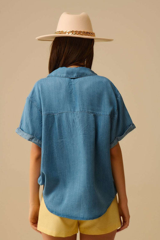 Short Sleeve Tencel Shirt With Chest Pocket in Blue - Shirts