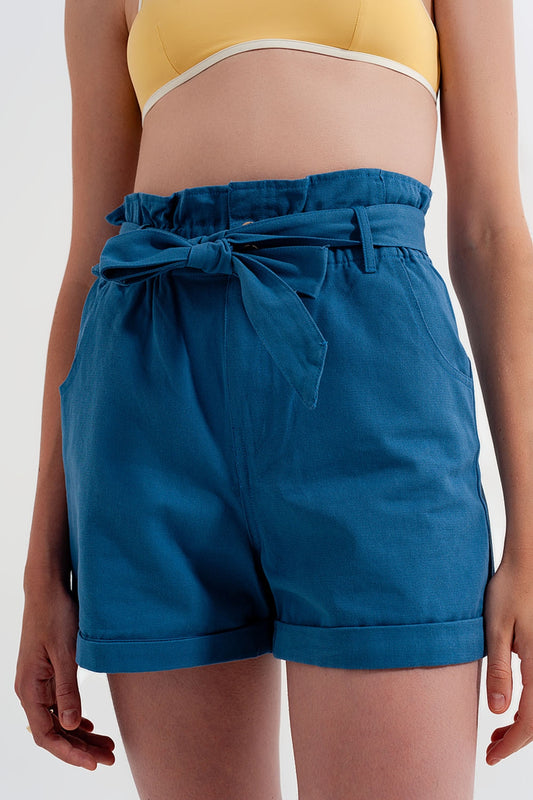 Shorts with belted waist in blue - Trousers