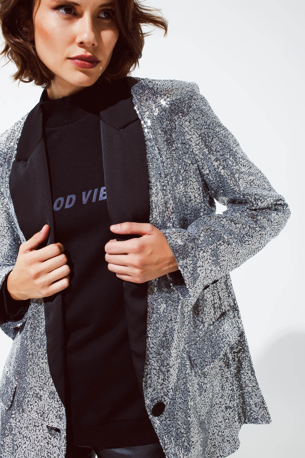 Silver Sequin tuxedo Blazer with Satin Black Lapels - Blazers