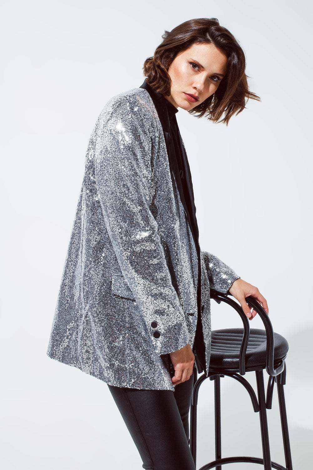 Silver Sequin tuxedo Blazer with Satin Black Lapels - Blazers