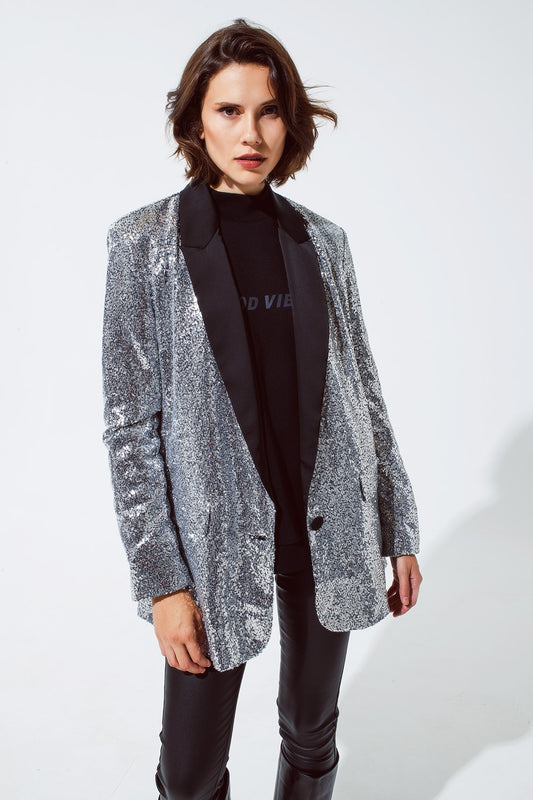 Silver Sequin tuxedo Blazer with Satin Black Lapels - Blazers