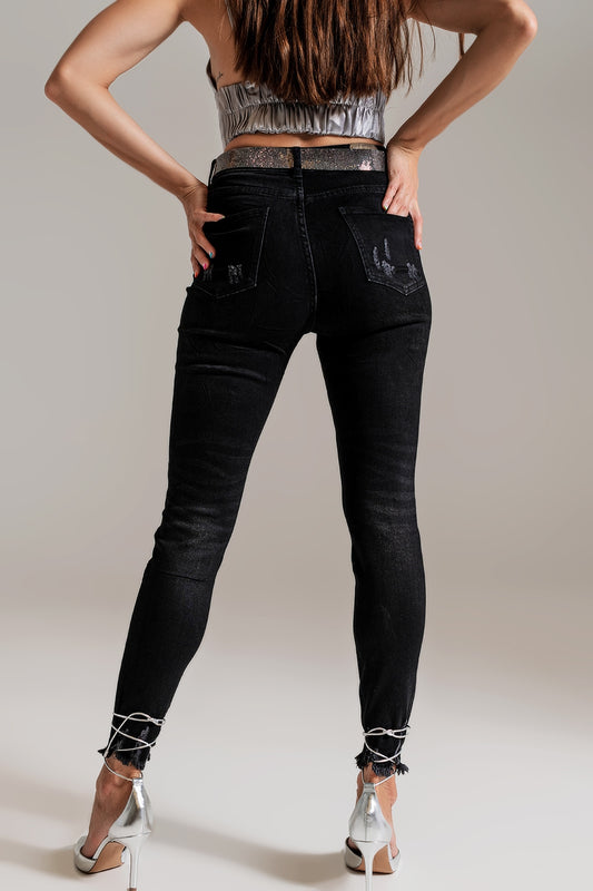 Skinny Jeans With Embellished Details in Black Wash - Jeans