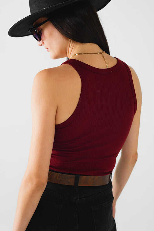 Sleeveless burgundy Top With Ribbed details - Tops