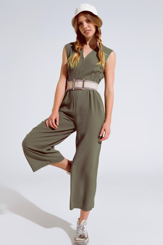 Sleeveless Jumpsuit with zipper detail and belt in khaki - Dresses