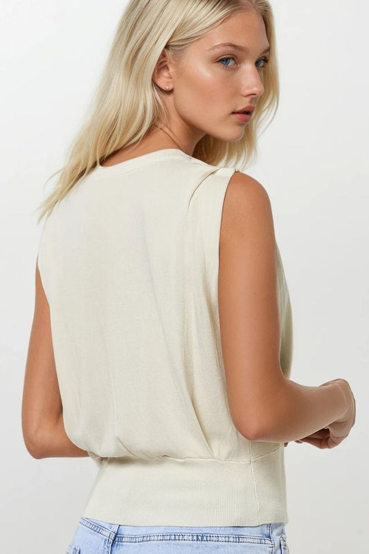 Sleeveless Knited Top With Shoulder Drape in Beige - Jumpers