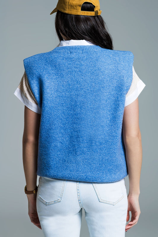 Sleeveless sweater in blue with silver sequin hearts - Jumpers