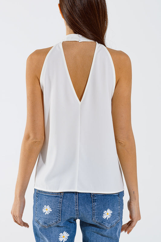 Sleeveless White Top with Ruffled Details and High Neck - Tops