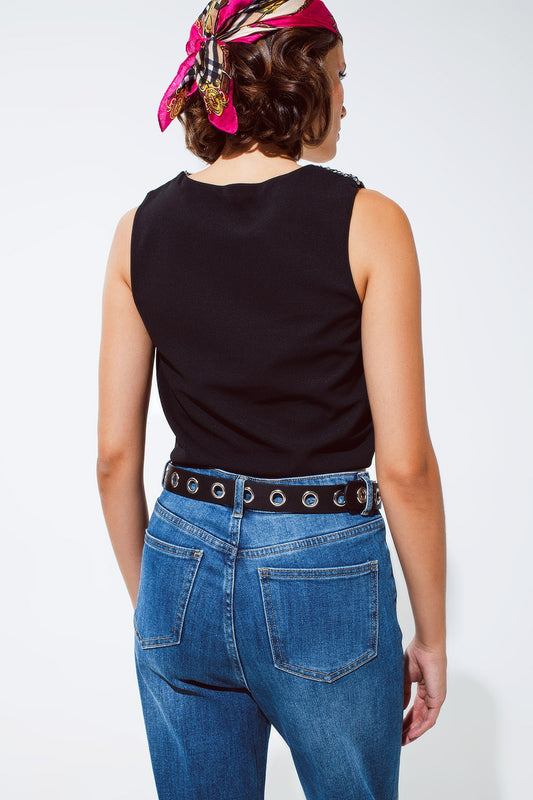 Sleevless Croptop With Diagonal Silver Sequin Detail in Black - Crop Tops
