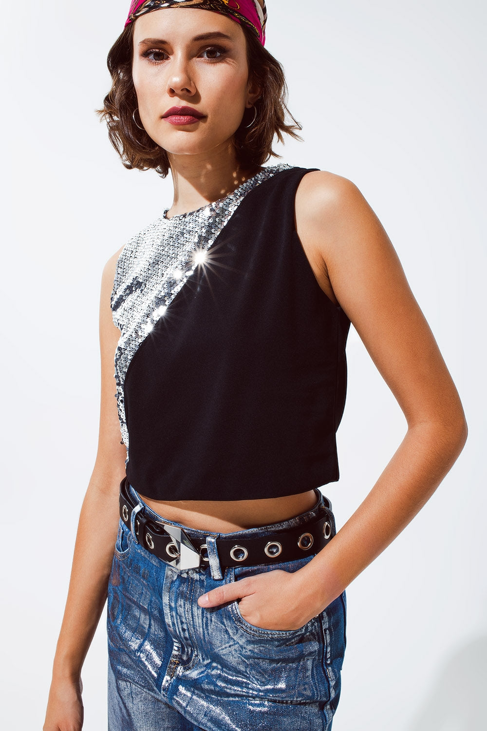 Sleevless Croptop With Diagonal Silver Sequin Detail in Black - Crop Tops