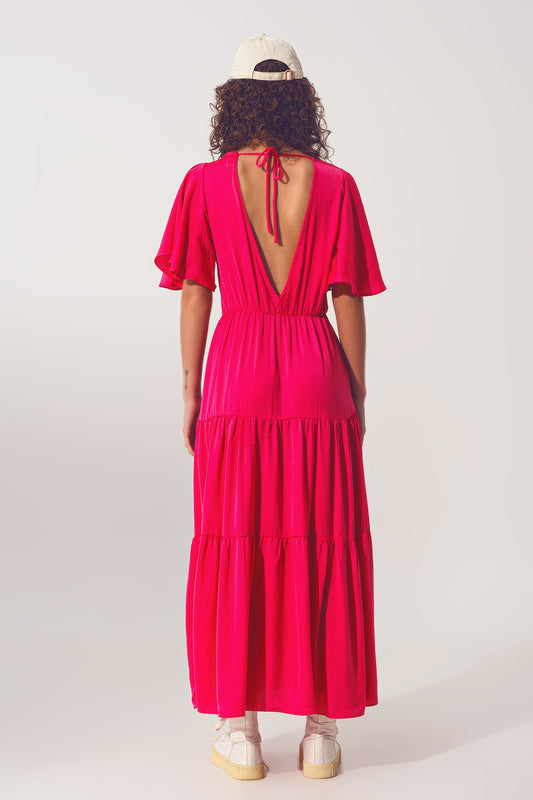 Smock V Neck Maxi Dress in fucsia - Dresses