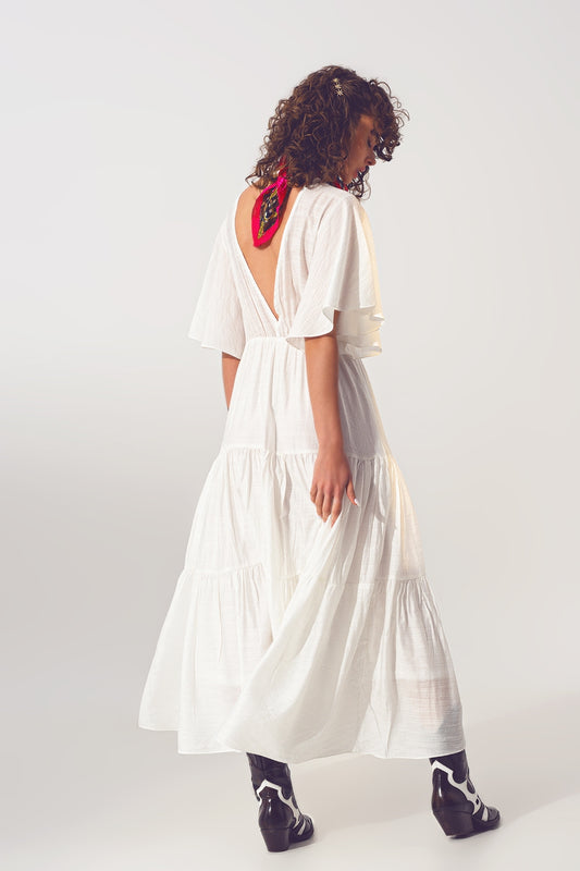 Smock V Neck Maxi Dress in White - Dresses