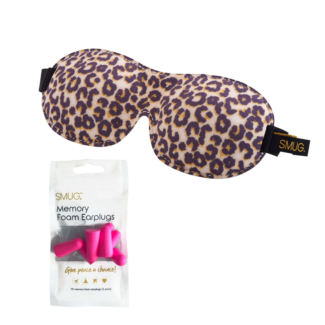Contoured 3D Blackout Sleep Mask - Leopard Print Sleep Mask & Pink Earplugs - Contoured Sleep Mask