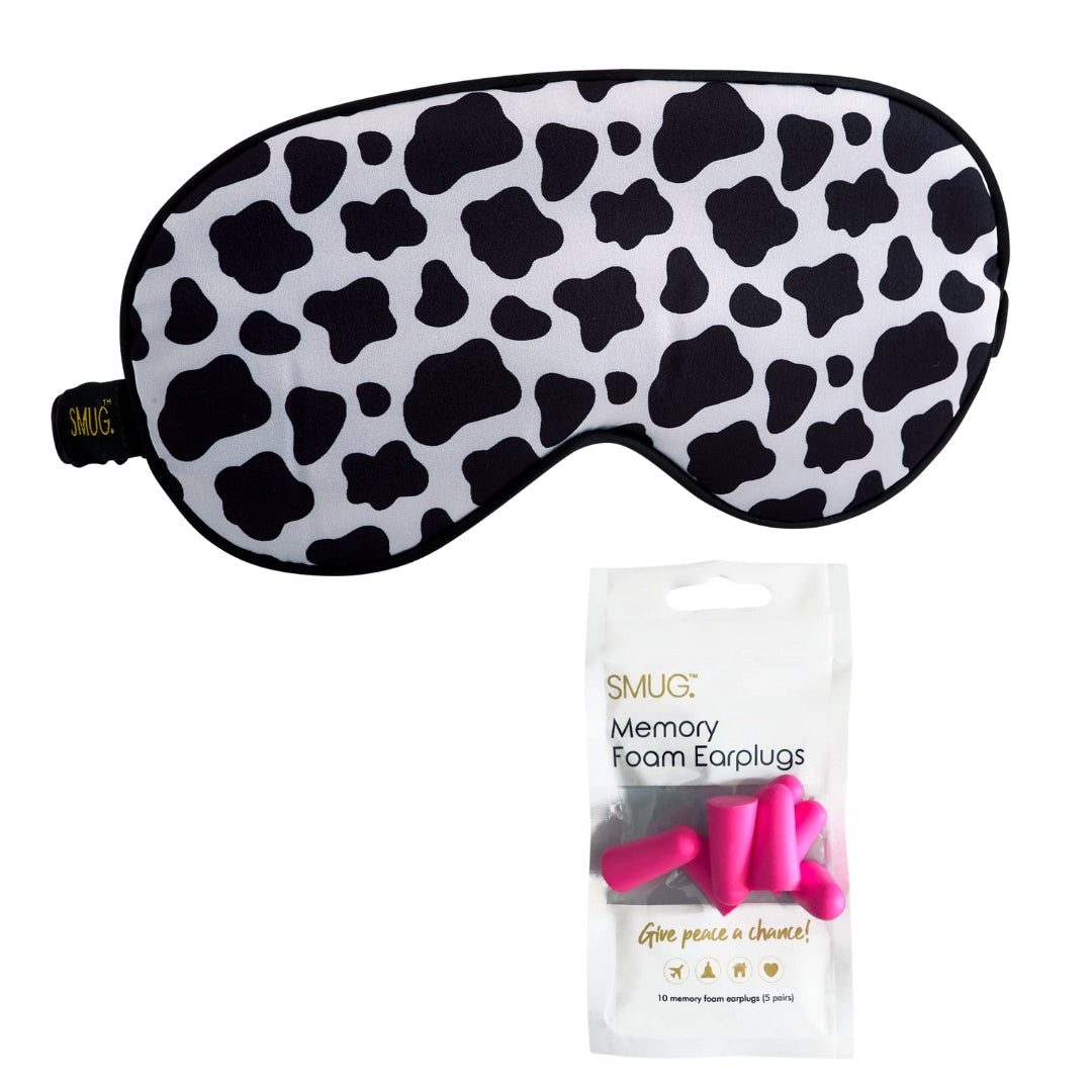 Satin Sleep Mask - Cow Print for Relaxation Sleep Mask & Pink Earplugs - Satin Sleep Mask