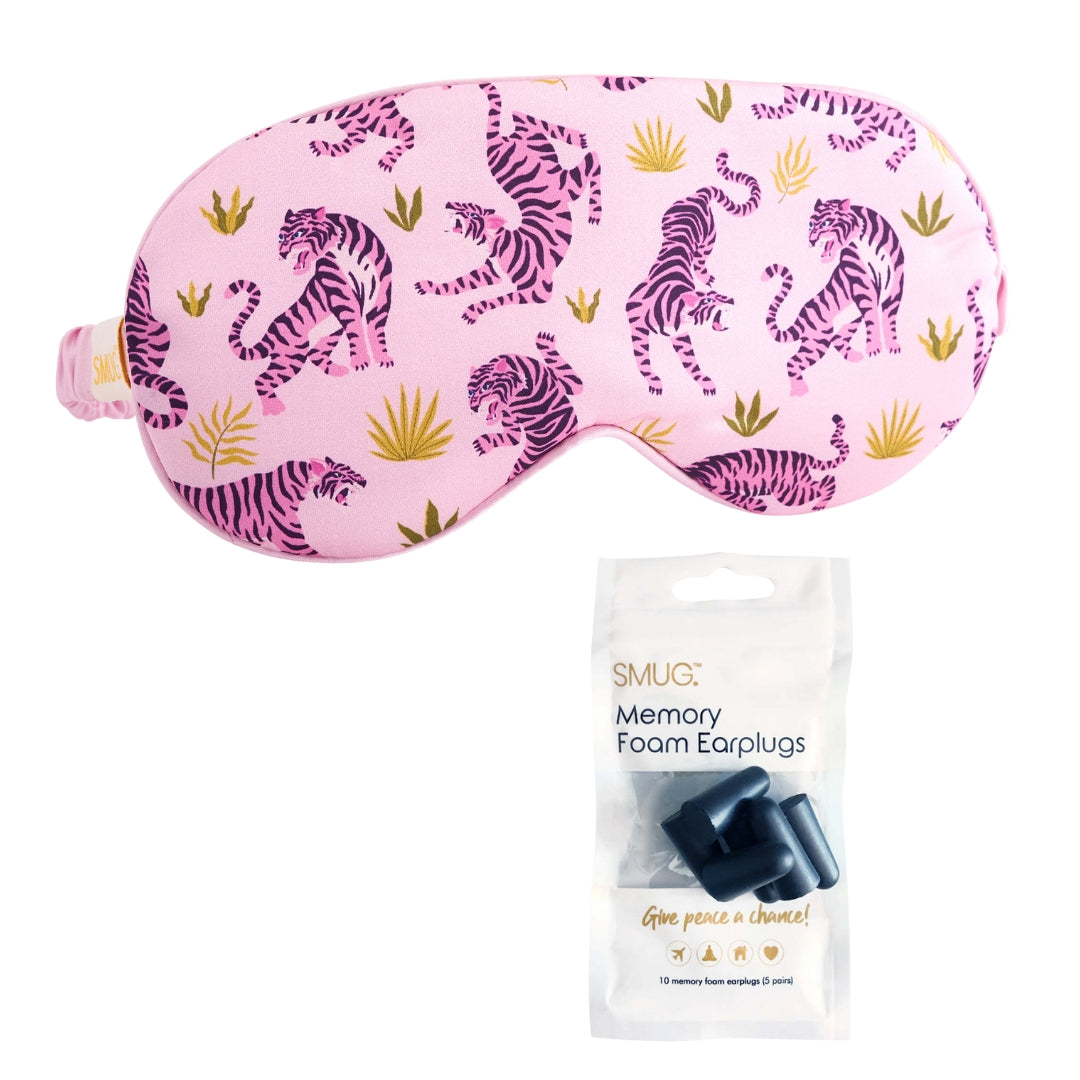 Satin Sleep Mask with Trendy Tiger Print Sleep Mask & Black Earplugs - Satin Sleep Mask