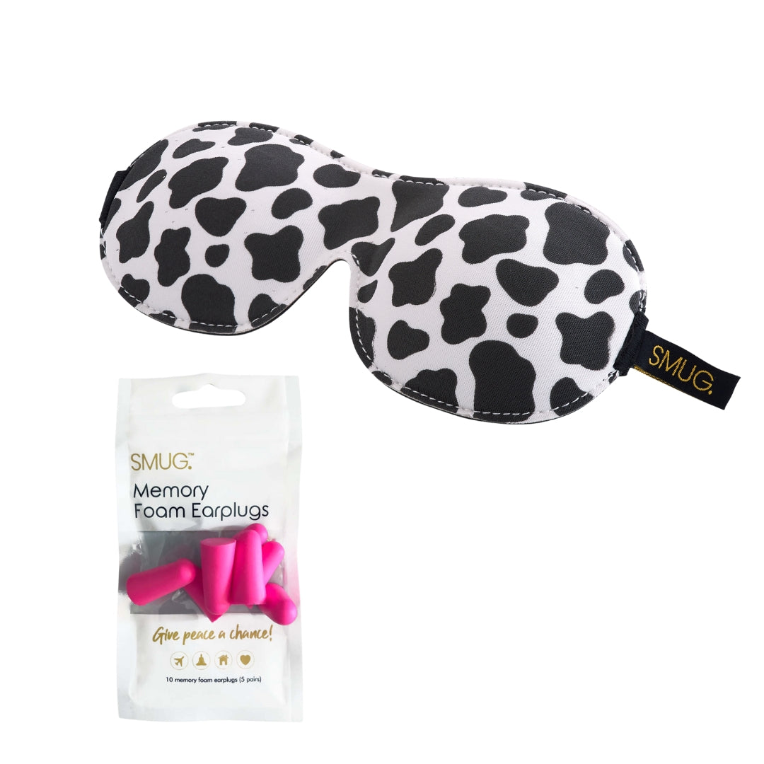 Contoured 3D Blackout Sleep Mask - Cow Print Sleep Mask & Pink Earplugs - Contoured Sleep Mask