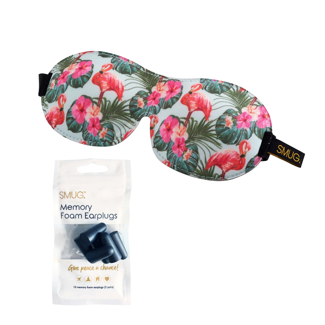 Contoured 3D Blackout Sleep Mask - Flamingo Print Sleep Mask & Black Earplugs - Contoured Sleep Mask