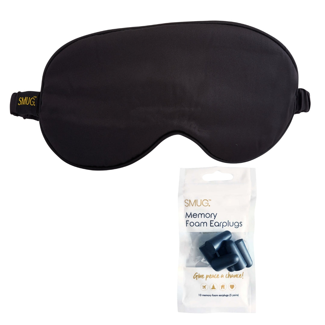 Satin Sleep Mask - Black Sleep Mask & Black Earplugs - Satin Sleep Mask