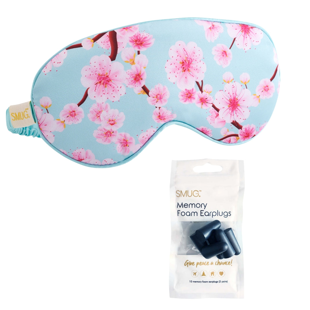 Satin Sleep Mask - Cherry Blossom Print Sleep Mask & Black Earplugs - Satin Sleep Mask