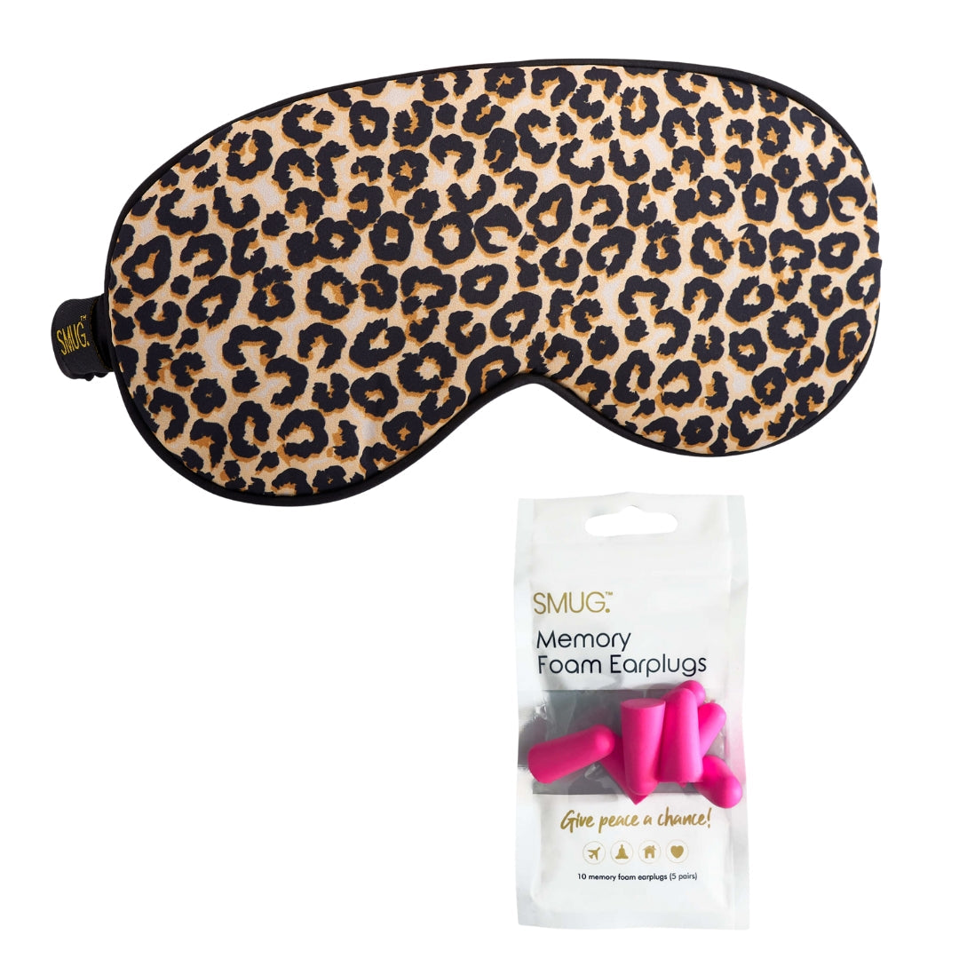 Satin Sleep Mask - Leopard Print Sleep Mask & Pink Earplugs - Satin Sleep Mask