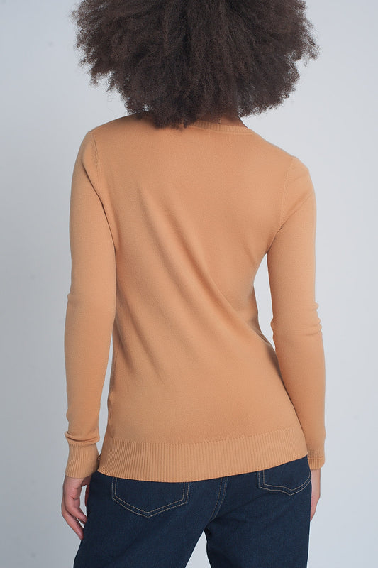 Soft basic sweater with camel v-neck - Jumpers