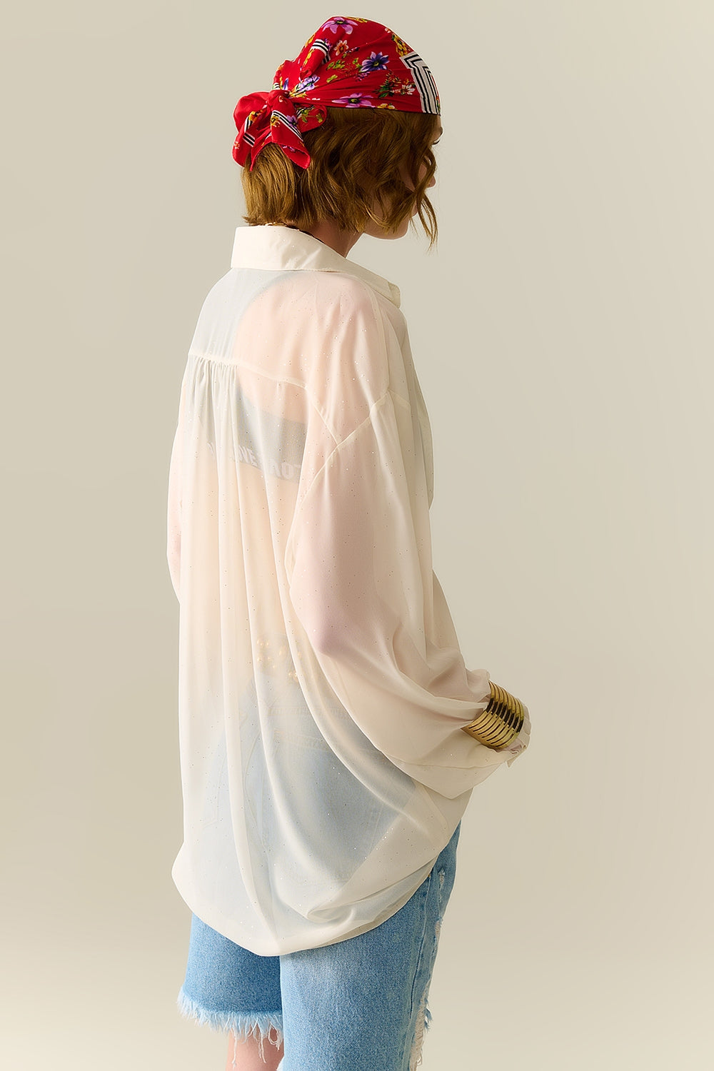 Soft beige chiffon blouse with glitter detail - Blouses