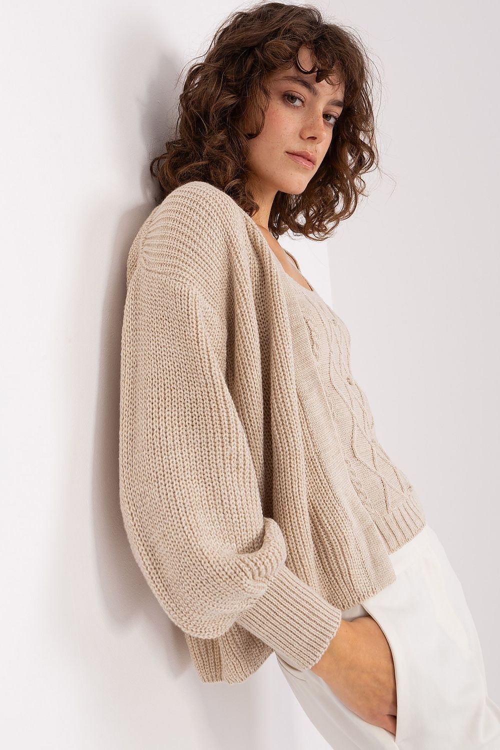 Badu Soft Classic Cardigan Jumper Balloon Sleeves beige one-size-fits-all -