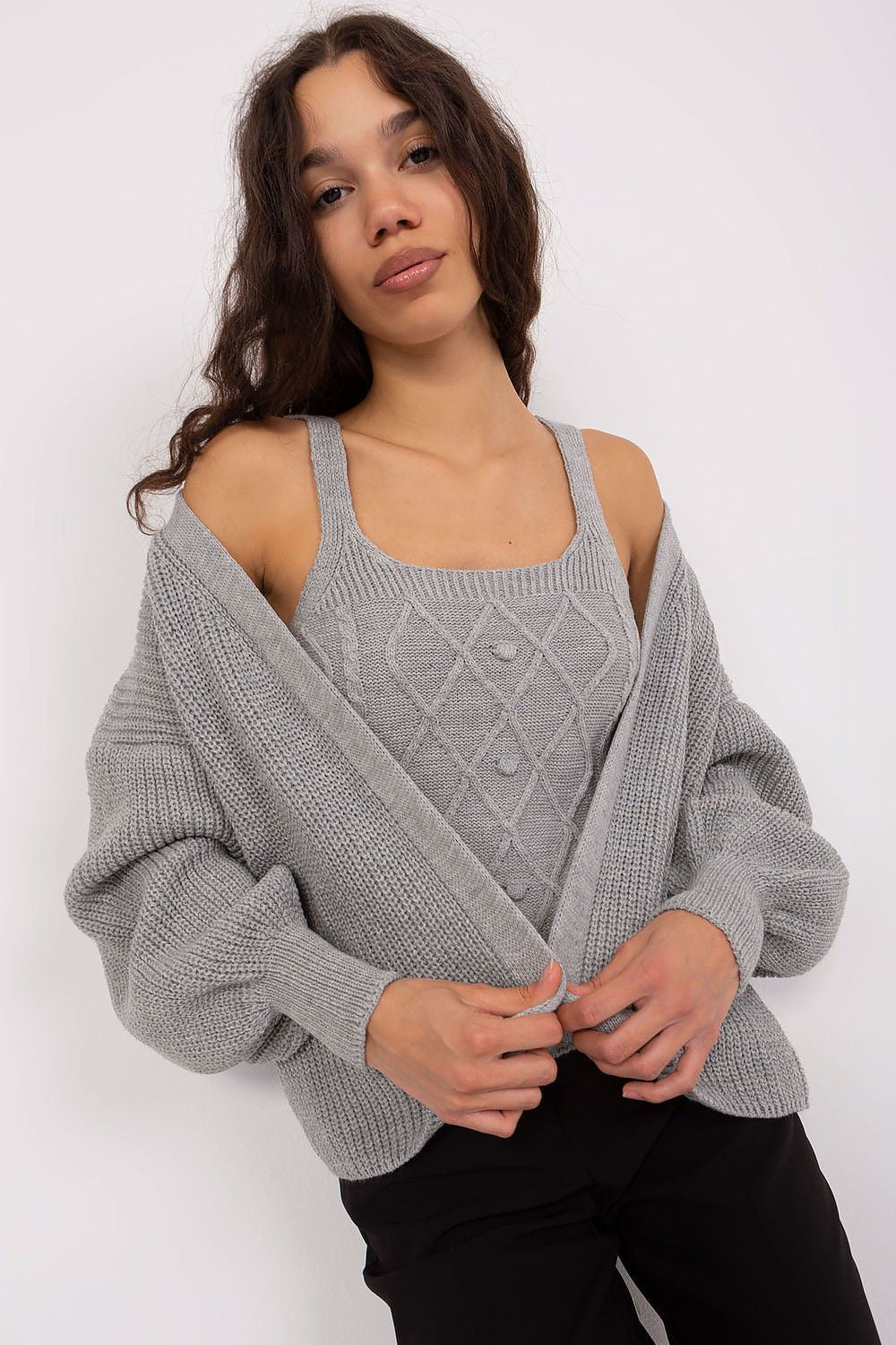 Badu Soft Classic Cardigan Jumper Balloon Sleeves grey 2 one-size-fits-all -