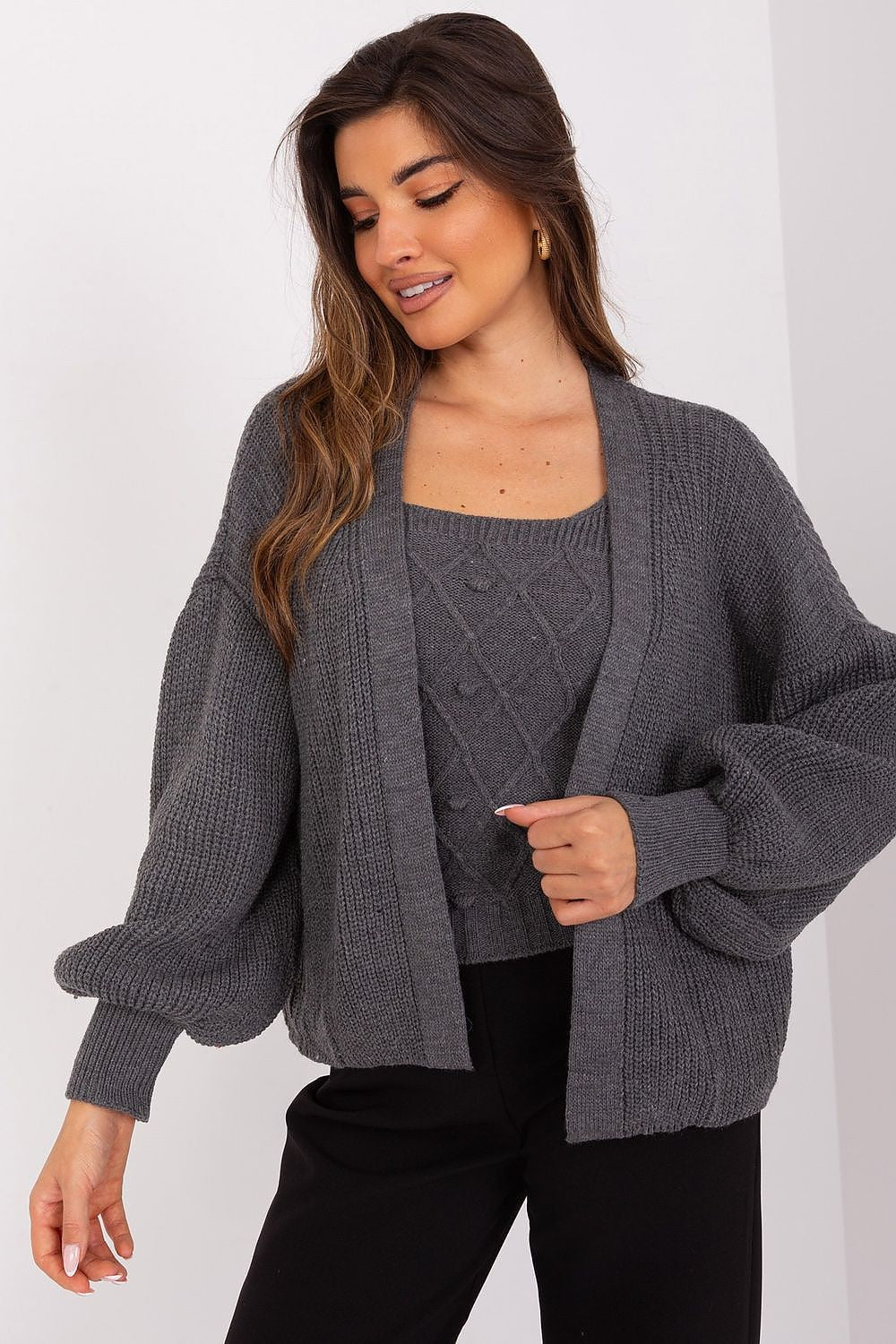 Badu Soft Classic Cardigan Jumper Balloon Sleeves grey one-size-fits-all -