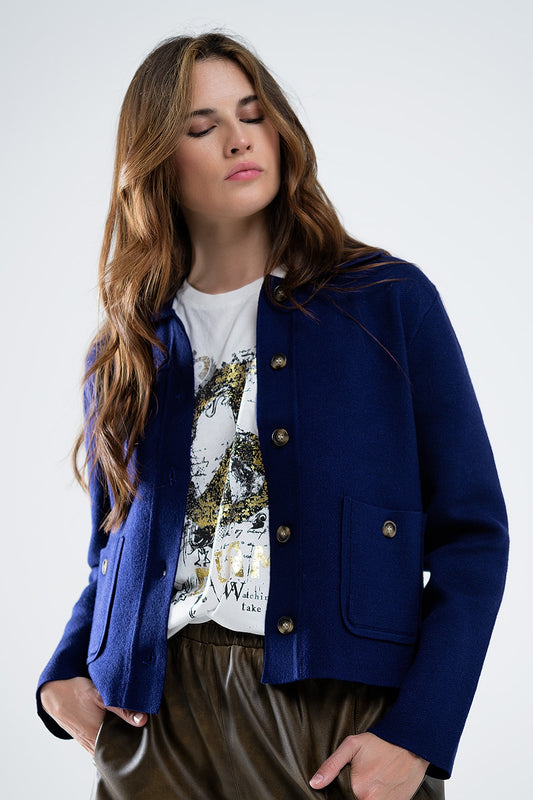 Soft knit cardigan in ink blue with front pockets - Cardigans