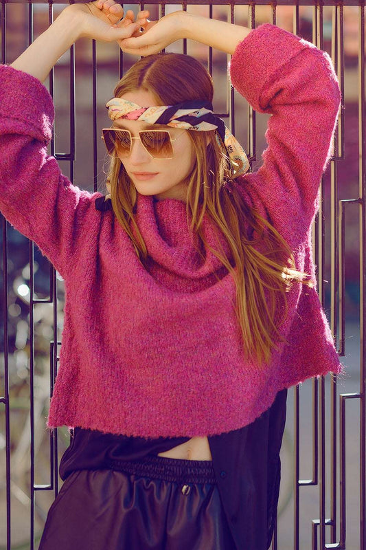 soft knitted high neck sweater in fucshia color - Sweaters