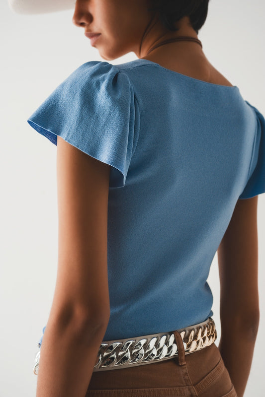 square neck puff sleeve sweater in blue - T-shirts